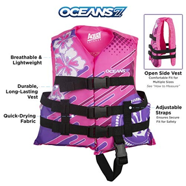 Oceans7 US Coast Guard-Approved Kids Life Jacket 30-50 lbs -Type III PFD Flexible-Fit Open-Sided Design Personal Flotation Device – Pink/Berry - Image 6