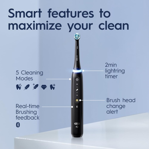 Oral-B iO Series 5 Limited Rechargeable Electric Powered Toothbrush, Black with 3 Brush Heads and Travel Case - Visible Pressure Sensor to Protect Gums - 5 Cleaning Modes - 2 Minute Timer - Image 6