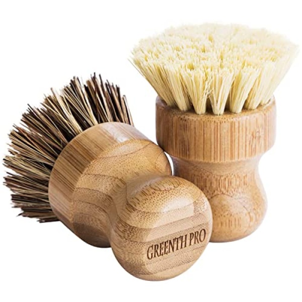 Palm Pot Brush- Bamboo Round 3 Packs Mini Dish Brush Natural Scrub Brush Durable Scrubber Cleaning Kit with Union Fiber and Tampico Fiber for Cleaning Pots, Pans and Vegetables - Image 6