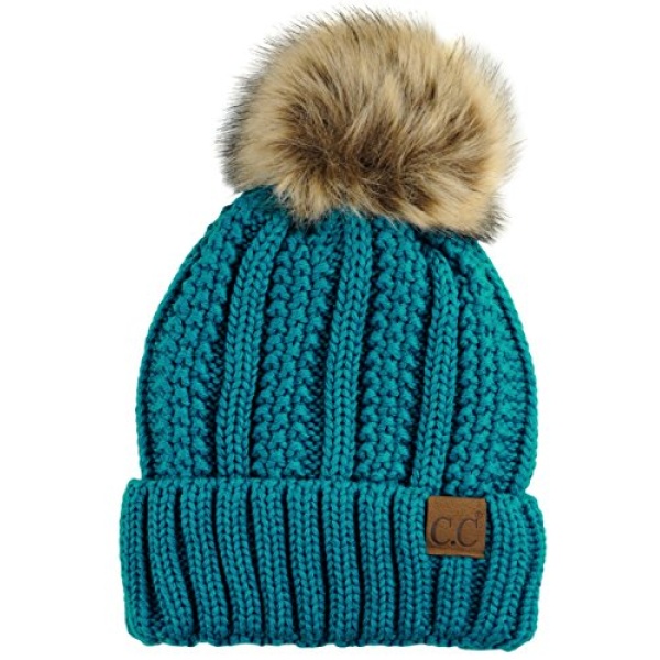 C.C Thick Cable Knit Faux Fuzzy Fur Pom Fleece Lined Skull Cap Cuff Beanie, Teal