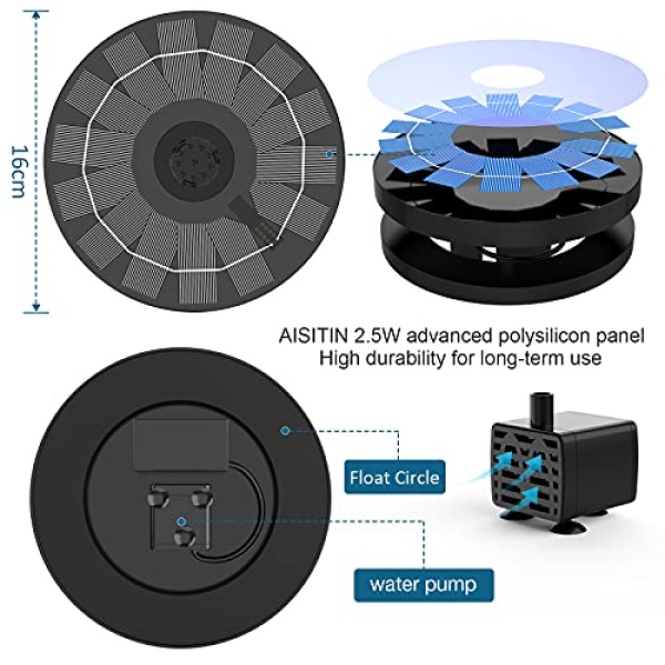 AISITIN 2.5W Solar Fountain Pump, Solar Bird Bath Fountain with 6 Nozzles, Solar Water Fountain for Bird Bath, Garden, Ponds, Pool, Fish Tank, Outdoor - Image 8