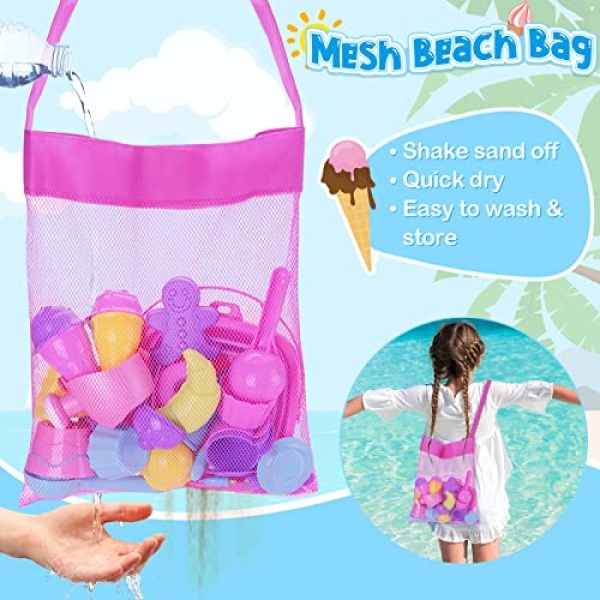 TSDATOWR Ice Cream Beach Toys Sand Toys Set for Kids, Collapsible Sand Bucket and Shovels Set with Mesh Bag, Sand Molds, Watering Can, Sandbox Toys for Kids and Toddlers, Travel Sand Toys for Beach - Image 6