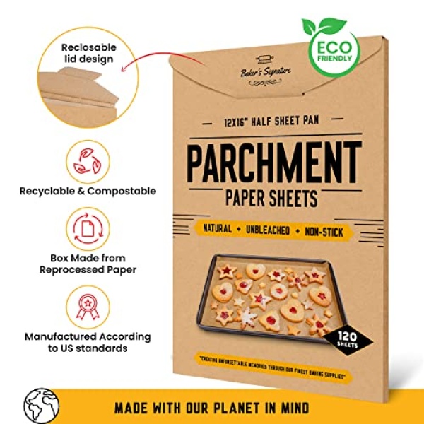 Parchment Paper Baking Sheets by Baker's Signature | Precut Non-Stick & Unbleached - Will Not Curl or Burn - Non-Toxic & Comes in Convenient Packaging - 12x16 Inch Pack of 120 - Image 4