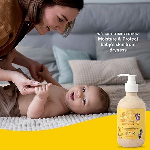 Nü Boutìq Organic Vegan Baby Lotion, Moisturizing and calming kids body lotion with Calendula & Lavender, newborns All Skin Types, New Biodegradable bottle(300g), 10.60 Fl Oz (Pack of 1) - Image 3