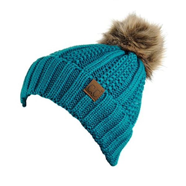 C.C Thick Cable Knit Faux Fuzzy Fur Pom Fleece Lined Skull Cap Cuff Beanie, Teal - Image 3