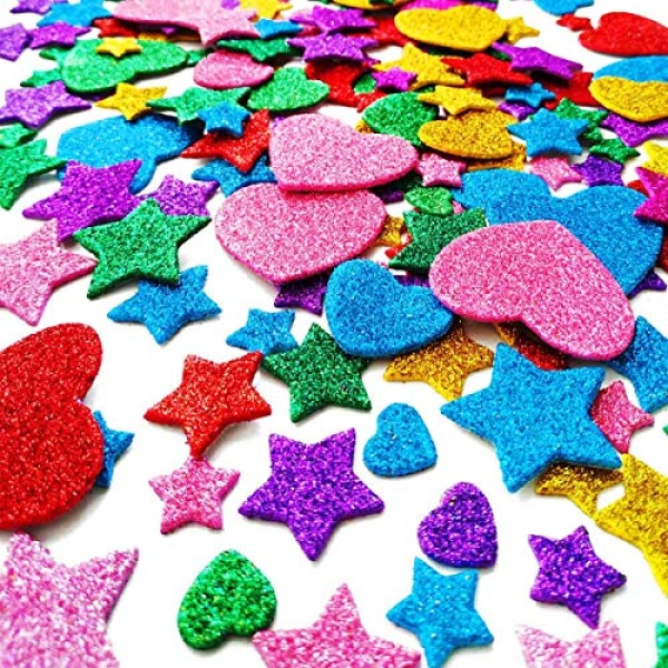 260 Pieces Colorful Glitter Foam Stickers Self Adhesive Stars Mini Heart Shapes Glitter Stickers, Kid's Arts Craft Supplies Greeting Cards Home Decoration Stars&Heart Shapes - Image 2