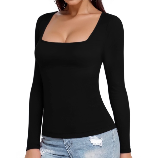 MANGOPOP Womens Long Sleeve Square Neck T Shirts Tops Tees - Image 4