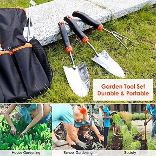 LANNIU Garden Tool Set, 9 Piece Stainless Steel Heavy Duty Gardening Tool Set, with Non-Slip Rubber Grip, Storage Pocket, Ideal Garden Tool Kit Gift for Women/Parent - Image 2