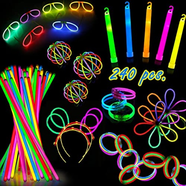 Glow Sticks Party Pack - 240 PCS That Includes, 100 Pcs 8 Inch Glow sticks,10 Pcs Ultra-Bright 6 Inch Glow Sticks, And All Exciting Accessories – Create Glow In The Dark Necklaces, Bracelets, Glasses, Headbands, Balls, Flowers And Much More, Neon Light St