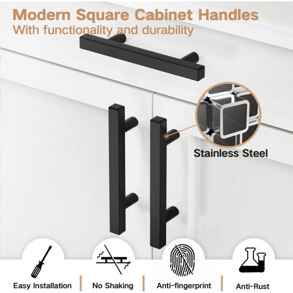 Qibaok 30 Pack Square Cabinet Handles Matte Black Cabinet Pulls 3-3/4" Hole Centers Drawer Pulls Stainless Steel Kitchen Handles for Cabinets, 6”Length Cabinet Hardware for Bathroom Farmhouse - Image 6