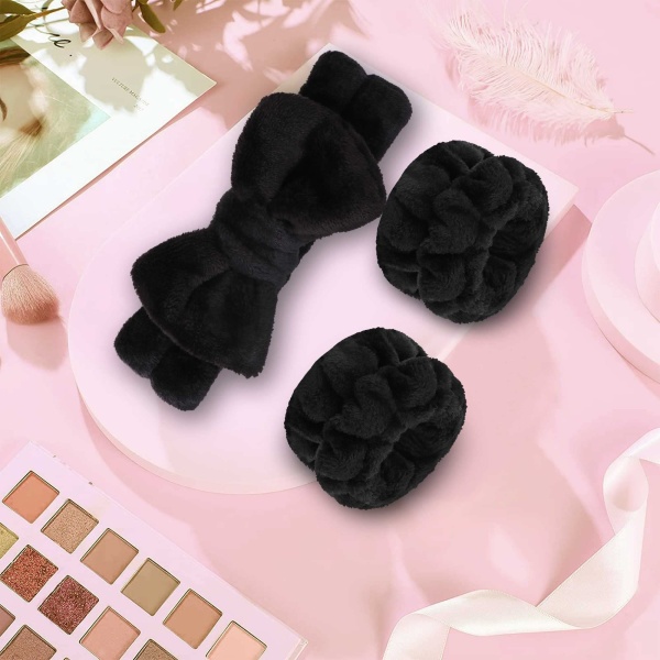 WSYUB Makeup Headbands, 1pcs Black Spa Headband Fluffy Bow Tie Headband Microfiber Face Headband, and 2Pcs Wrist Spa Wash Band Absorbent Wristbands, for Washing Face Skin Care - Image 2