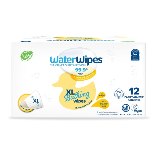 WaterWipes Plastic-Free XL Bathing Wipes for Toddlers & Babies, 99.9% Water Based Wipes, Unscented & Hypoallergenic for Sensitive Skin, 192 Count (12 pack), Packaging May Vary