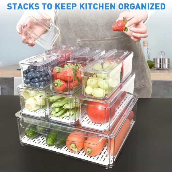 Pomeat 10 Pack Fridge Organizer, Stackable Refrigerator Organizer Bins with Lids, BPA-Free Produce Fruit Storage Containers for Fridge Organizers and Storage Clear for Food, Drinks, Vegetable Storage - Image 8