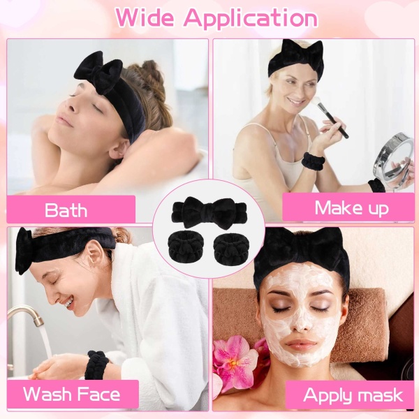 WSYUB Makeup Headbands, 1pcs Black Spa Headband Fluffy Bow Tie Headband Microfiber Face Headband, and 2Pcs Wrist Spa Wash Band Absorbent Wristbands, for Washing Face Skin Care - Image 4