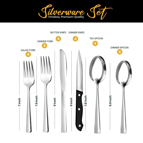 Utopia Kitchen 24 Piece Silverware Set Service for 4, Flatware Set with Steak Knives, Stainless Steel Utensil Sets, Mirror Polished Cutlery Set for Home, Kitchen, Restaurant, Dishwasher Safe - Silver - Image 8