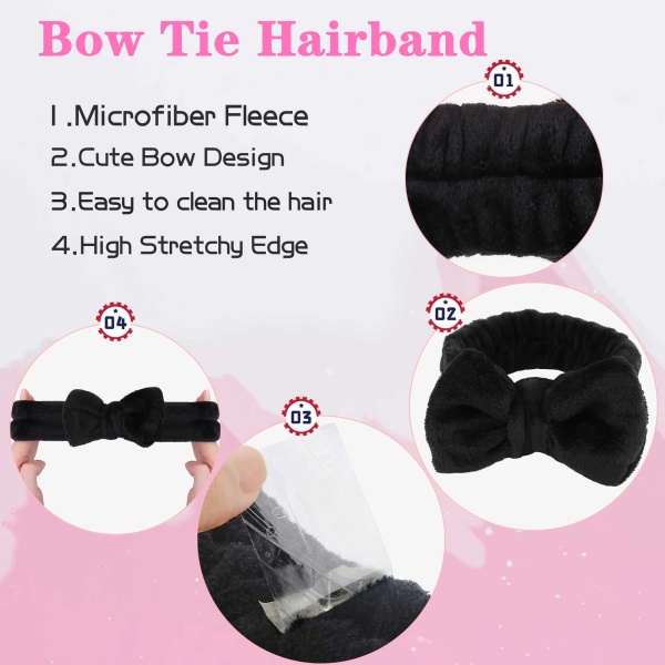 WSYUB Makeup Headbands, 1pcs Black Spa Headband Fluffy Bow Tie Headband Microfiber Face Headband, and 2Pcs Wrist Spa Wash Band Absorbent Wristbands, for Washing Face Skin Care - Image 5