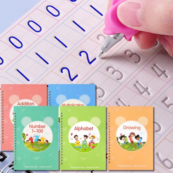 magic Practice Copybook, Reusable Writing Practice Book, for Preschool Kids Age 3-8 ​Calligraphy 7.8in×5.5in(5 Books with Pens)