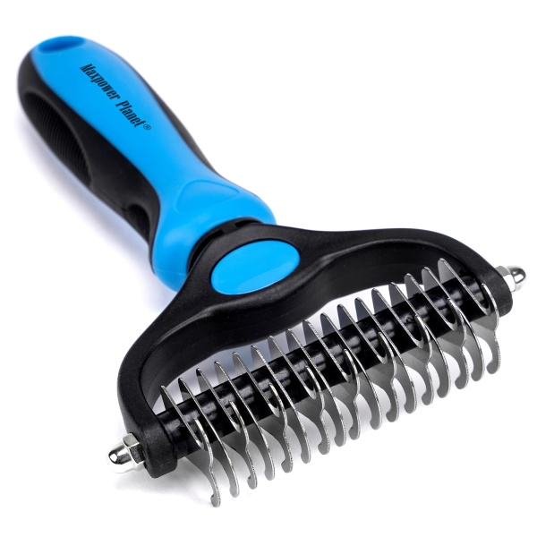 Maxpower Planet Pet Grooming Brush - Double Sided Shedding, Dematting Undercoat Rake for Dogs, Cats - Extra Wide Dog Grooming Brush, Dog Brush for Shedding, Cat Brush, Reduce Shedding by 95%, Blue