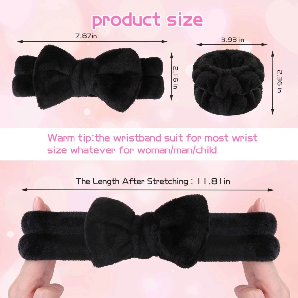 WSYUB Makeup Headbands, 1pcs Black Spa Headband Fluffy Bow Tie Headband Microfiber Face Headband, and 2Pcs Wrist Spa Wash Band Absorbent Wristbands, for Washing Face Skin Care - Image 7