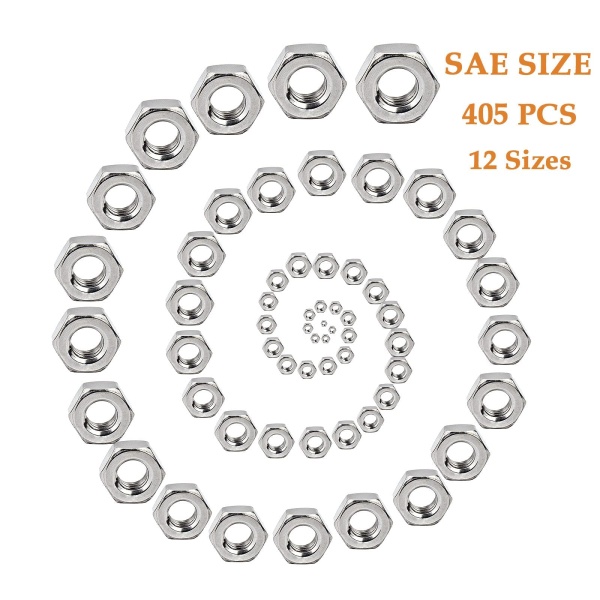 TWCC 405 Pcs SAE Hex Nuts Assortment Kit #2-56#4-40#6-32#8-32#10-24#10-32#12-24 1/4"-20 5/16"-18 3/8"-16 7/16"-14 1/2"-13 Stainless Hex Nuts Set - Image 2