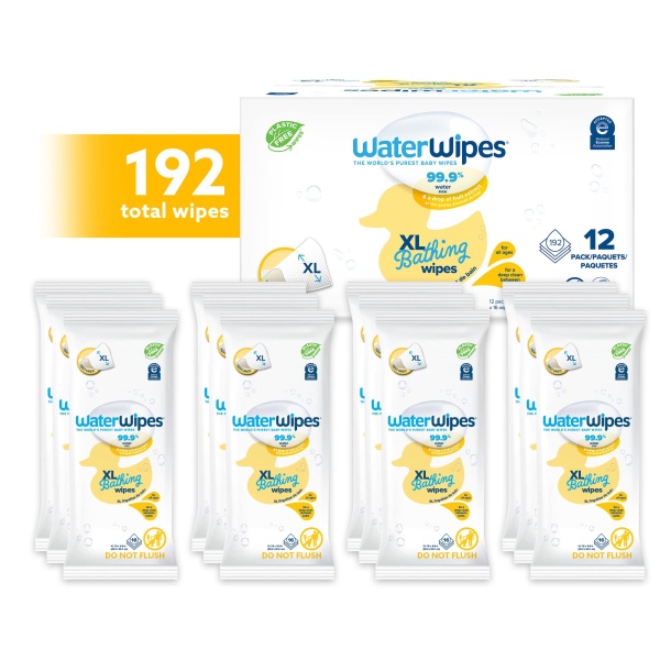 WaterWipes Plastic-Free XL Bathing Wipes for Toddlers & Babies, 99.9% Water Based Wipes, Unscented & Hypoallergenic for Sensitive Skin, 192 Count (12 pack), Packaging May Vary - Image 6