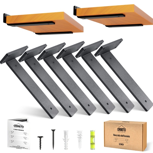 Orbeto Heavy Duty Floating Shelf Bracket (6 inch-6 Pack) with (1/4”-Thick) Metal Black, Holds 160+lb, Powder Coated, Complete Mounting Hardware, Easy Install - Image 2