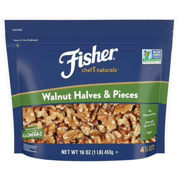 Fisher Chef's Naturals Walnut Halves & Pieces 1 lb, 100% California Unsalted Walnuts for Baking & Cooking, Snack Topping, Great with Yogurt & Cereal, Vegan Protein, Keto Snack, Gluten Free