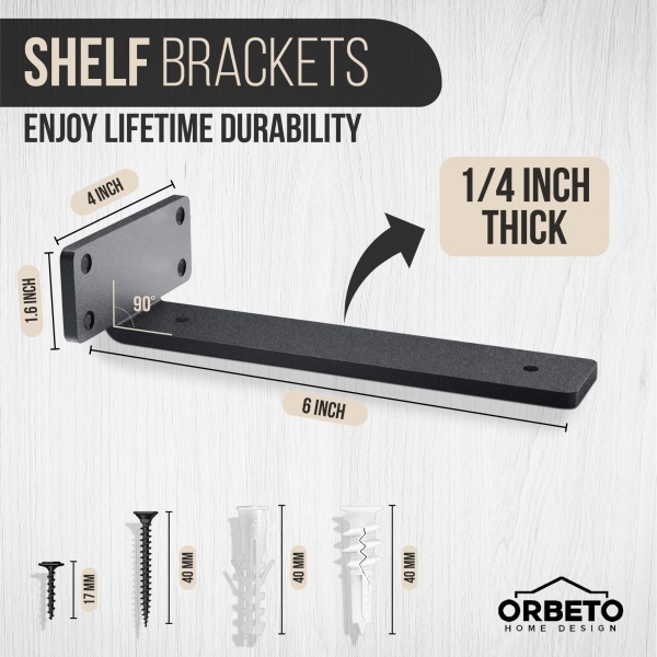 Orbeto Heavy Duty Floating Shelf Bracket (6 inch-6 Pack) with (1/4”-Thick) Metal Black, Holds 160+lb, Powder Coated, Complete Mounting Hardware, Easy Install - Image 8