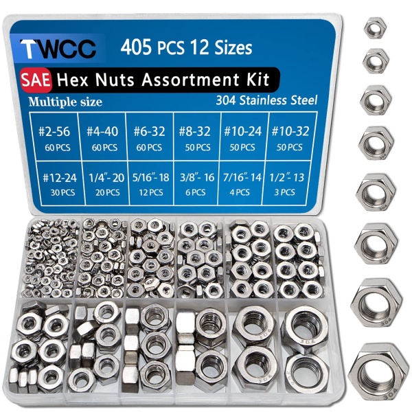 TWCC 405 Pcs SAE Hex Nuts Assortment Kit #2-56#4-40#6-32#8-32#10-24#10-32#12-24 1/4"-20 5/16"-18 3/8"-16 7/16"-14 1/2"-13 Stainless Hex Nuts Set