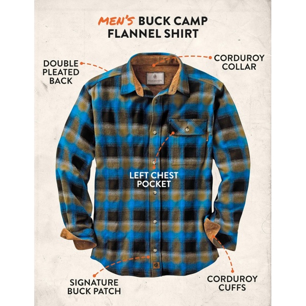 Legendary Whitetails Men's Buck Buck Camp Flannel Shirt, Long Sleeve Plaid Button Down Casual Shirt for Men, with Corduroy Cuffs, Fall & Winter Clothing, Cobalt Plaid, X-Large - Image 3