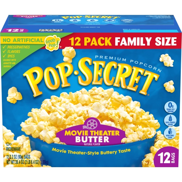 Pop Secret Microwave Popcorn, Movie Theater Butter, Flavor, 3 Oz Sharing Bags, 12 Ct