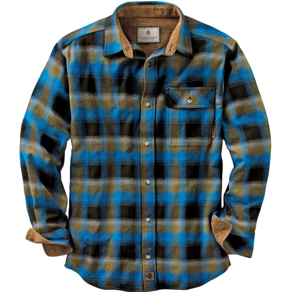 Legendary Whitetails Men's Buck Buck Camp Flannel Shirt, Long Sleeve Plaid Button Down Casual Shirt for Men, with Corduroy Cuffs, Fall & Winter Clothing, Cobalt Plaid, X-Large