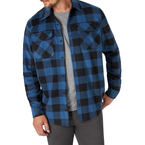 Wrangler Authentics Men's Long Sleeve Heavyweight Fleece Shirt Blue Buffalo Plaid Large